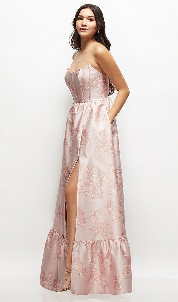 floral strapless cat-eye boned bodice maxi dress with ruffle hem