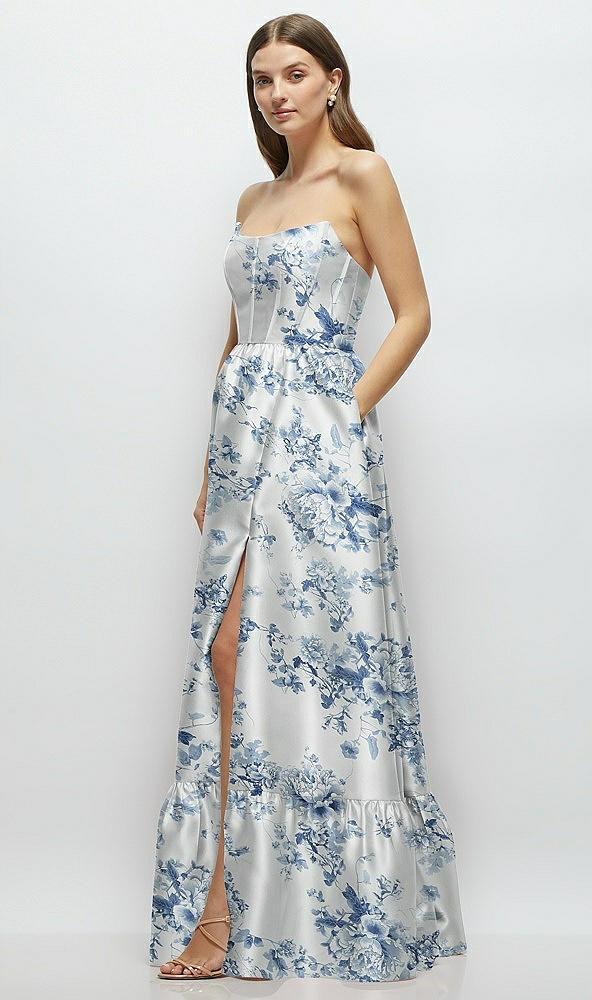 floral strapless cat-eye boned bodice maxi dress with ruffle hem