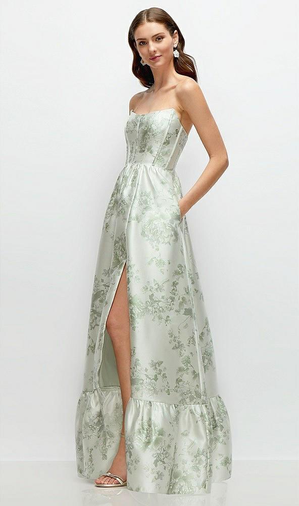 floral strapless cat-eye boned bodice maxi dress with ruffle hem