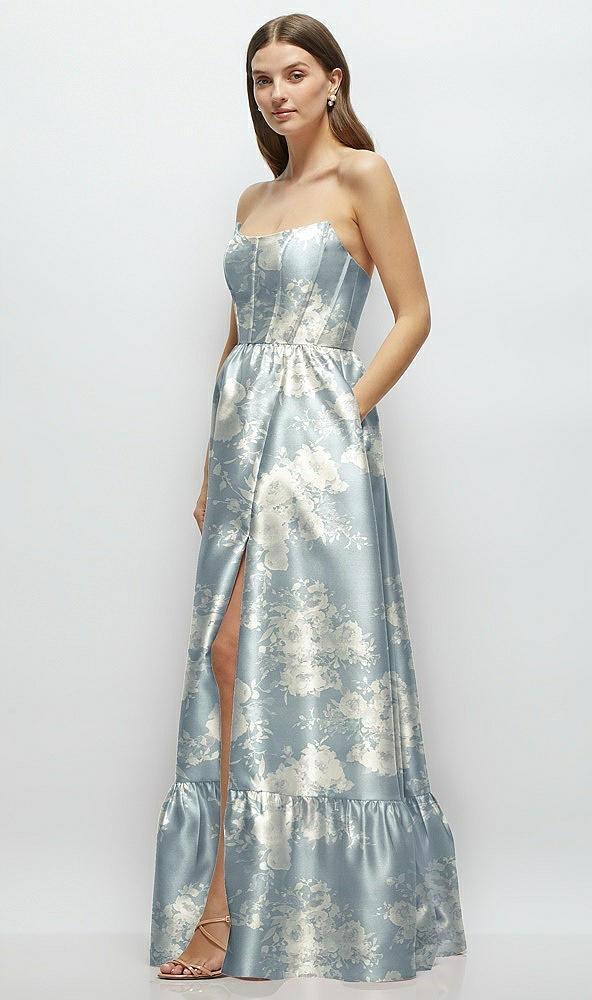 floral strapless cat-eye boned bodice maxi dress with ruffle hem