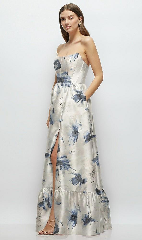 floral strapless cat-eye boned bodice maxi dress with ruffle hem
