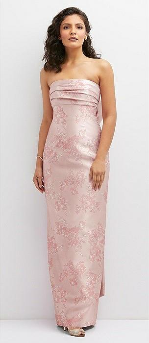 floral strapless draped bodice column dress with oversized bow