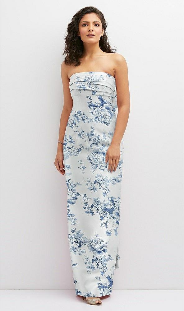 floral strapless draped bodice column dress with oversized bow