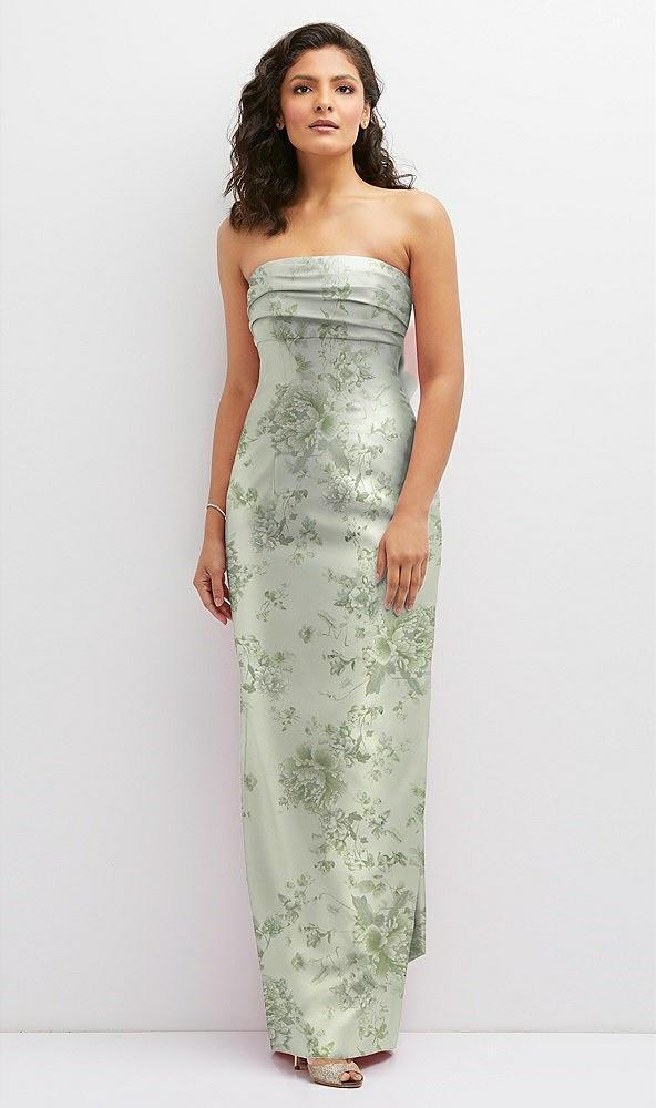 floral strapless draped bodice column dress with oversized bow