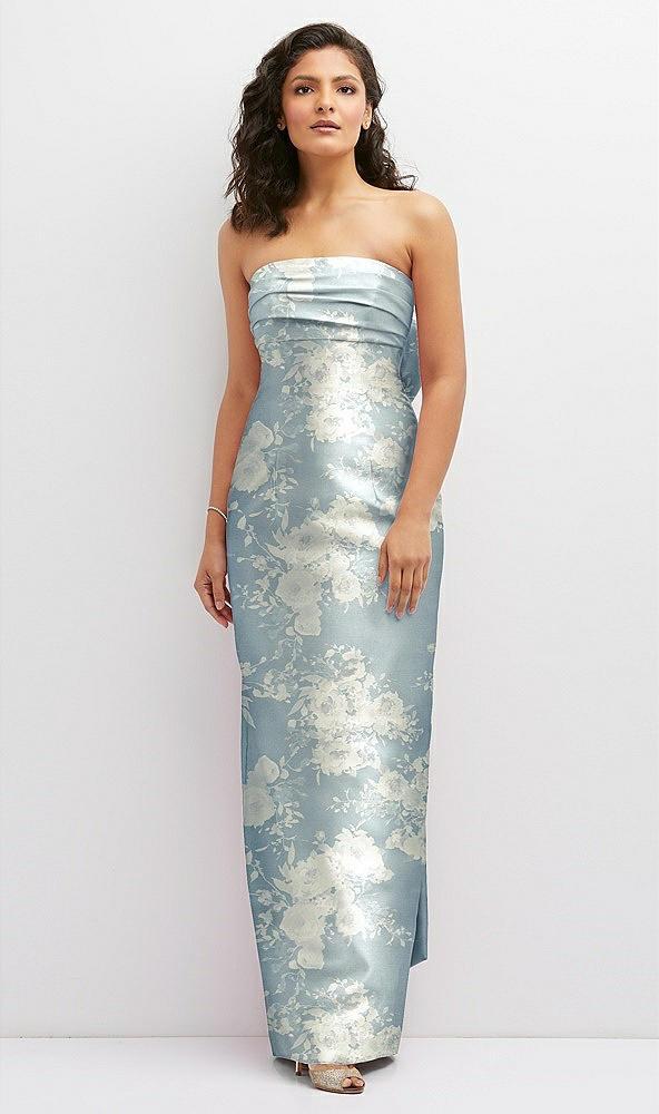 floral strapless draped bodice column dress with oversized bow