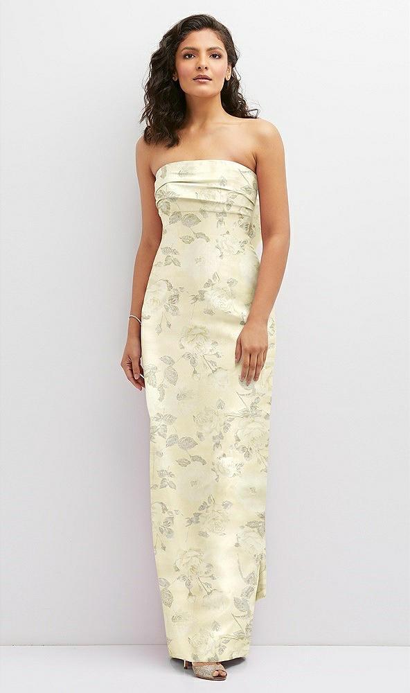 floral strapless draped bodice column dress with oversized bow