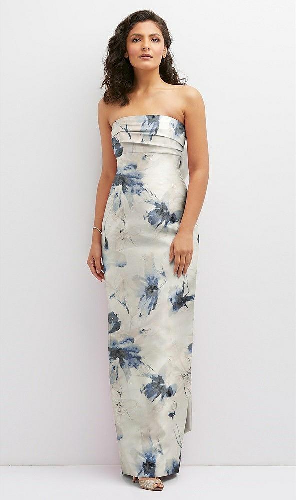 floral strapless draped bodice column dress with oversized bow