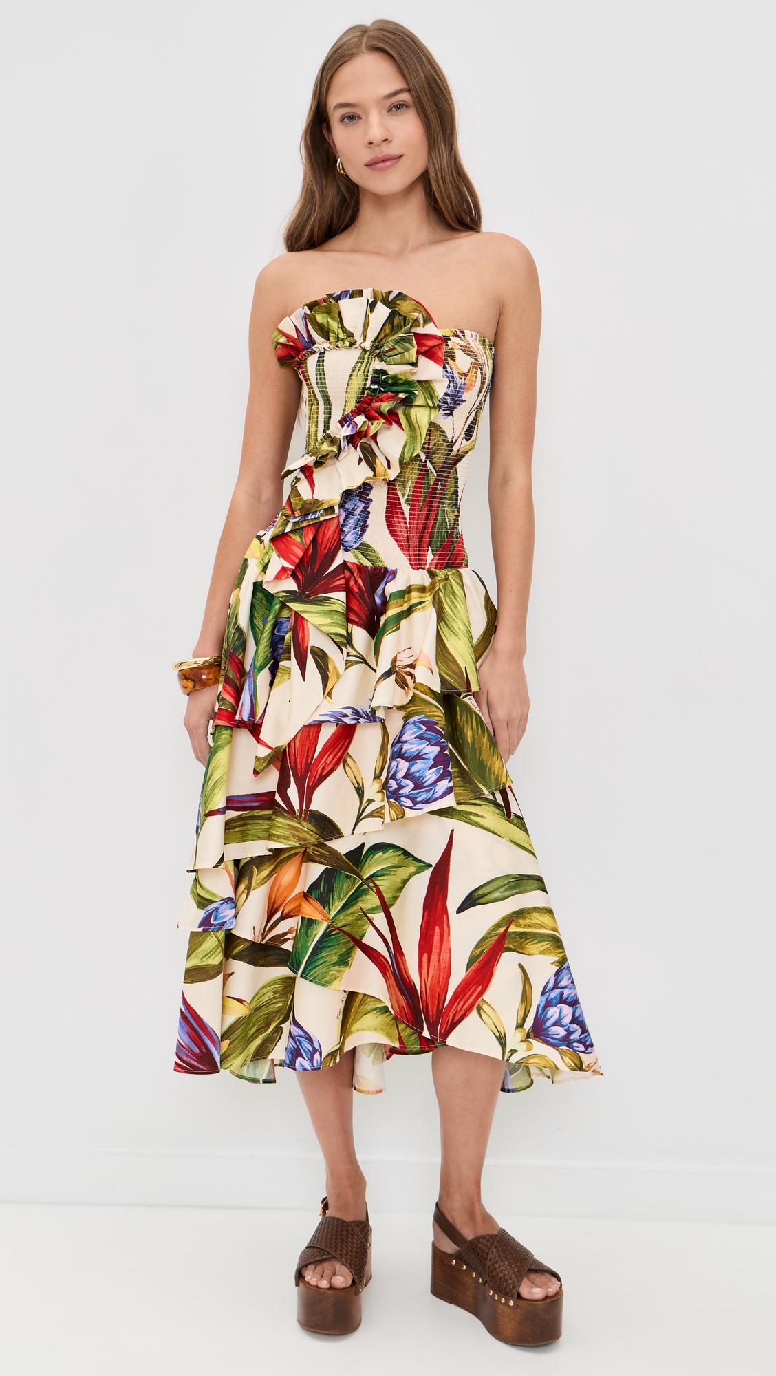 floral strapless midi dress