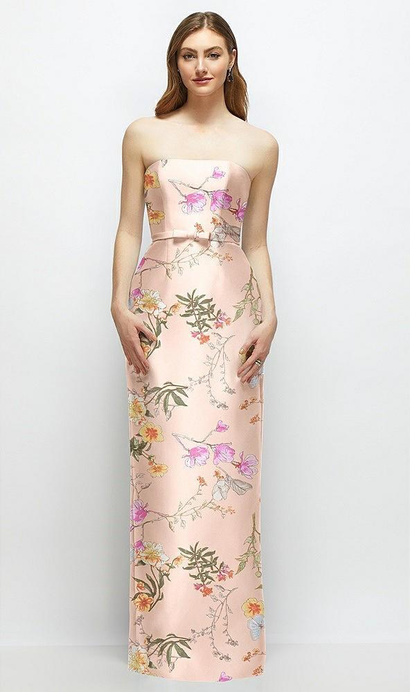 floral strapless satin column dress with bow-trimmed skinny belt