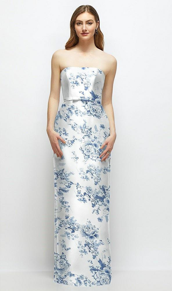 floral strapless satin column dress with bow-trimmed skinny belt