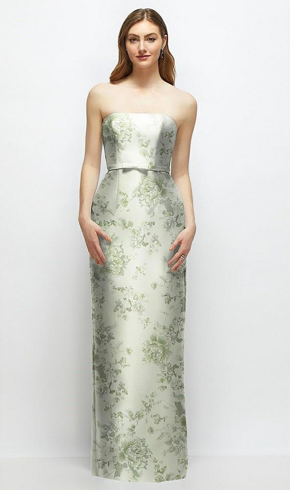 floral strapless satin column dress with bow-trimmed skinny belt