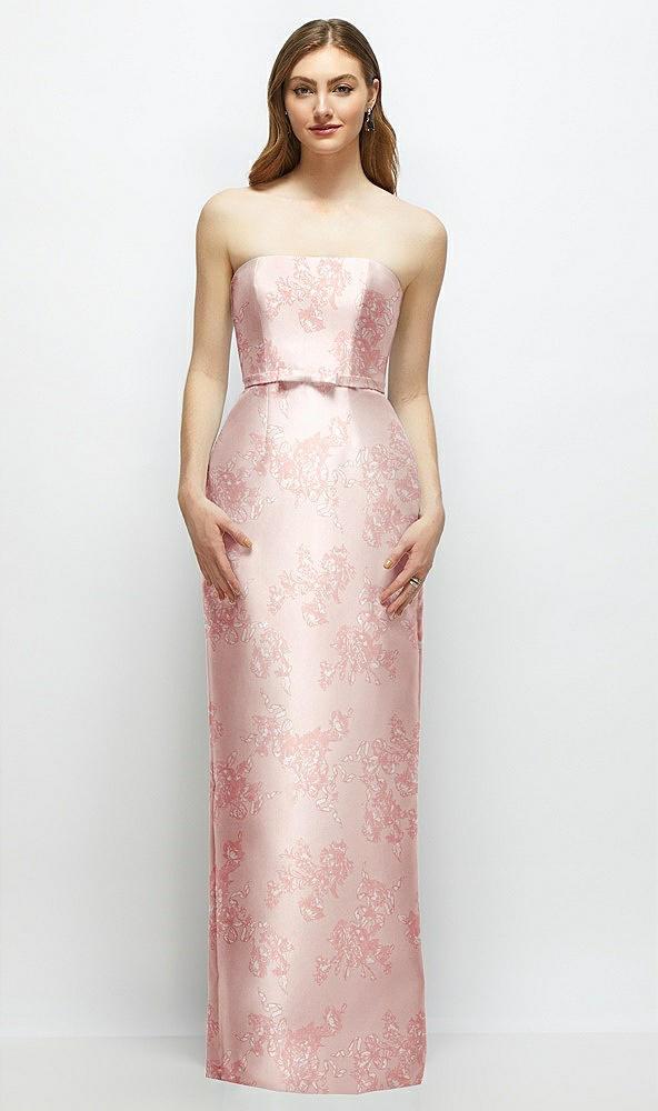 floral strapless satin column dress with bow-trimmed skinny belt