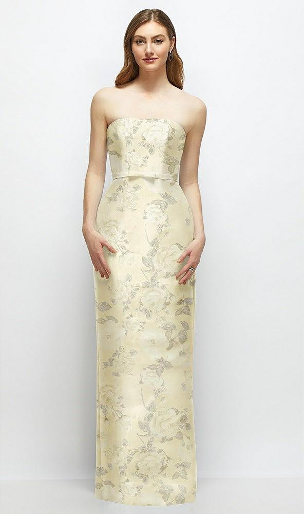 floral strapless satin column dress with bow-trimmed skinny belt