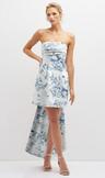 floral strapless satin column mini dress with oversized bow