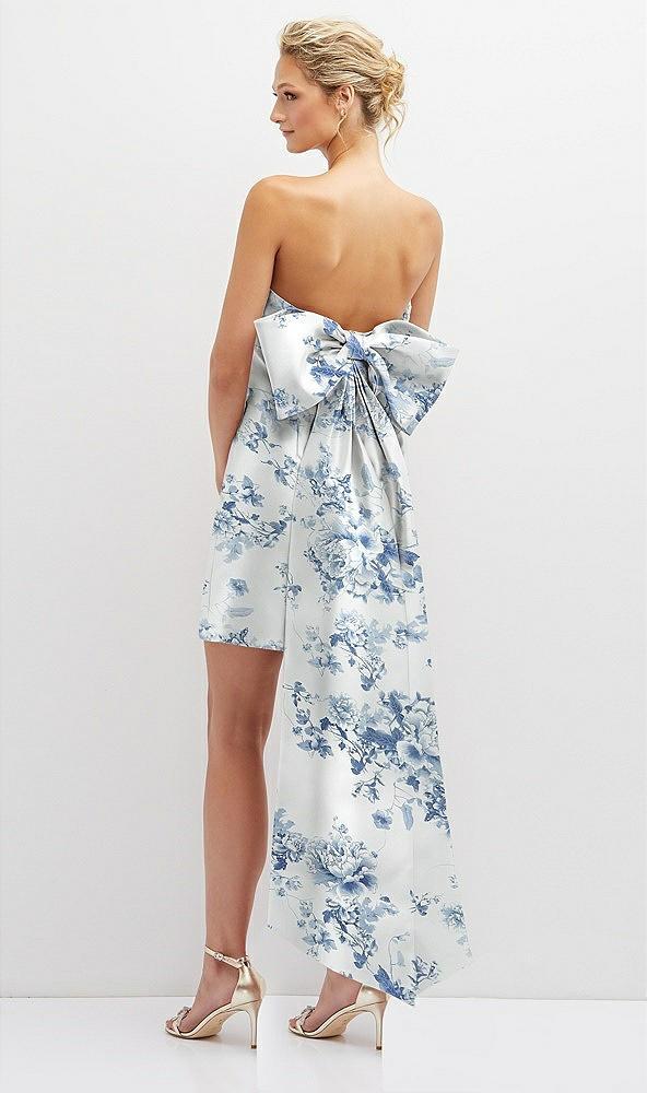 floral strapless satin column mini dress with oversized bow