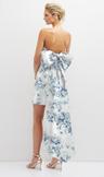 floral strapless satin column mini dress with oversized bow