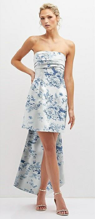 floral strapless satin column mini dress with oversized bow