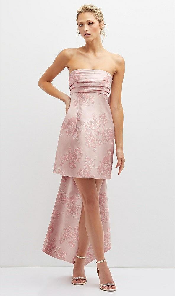 floral strapless satin column mini dress with oversized bow