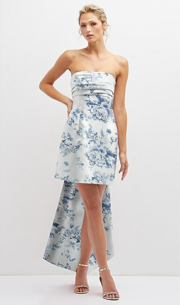 floral strapless satin column mini dress with oversized bow