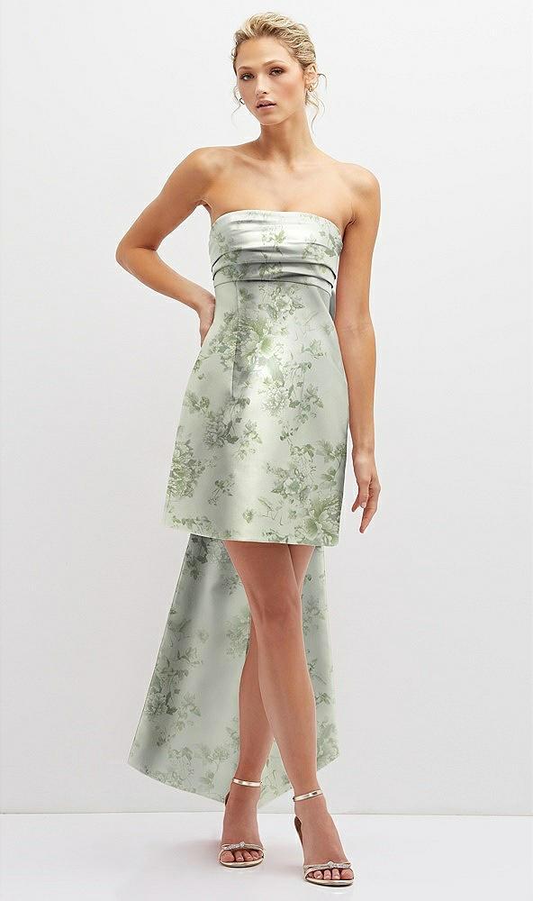 floral strapless satin column mini dress with oversized bow