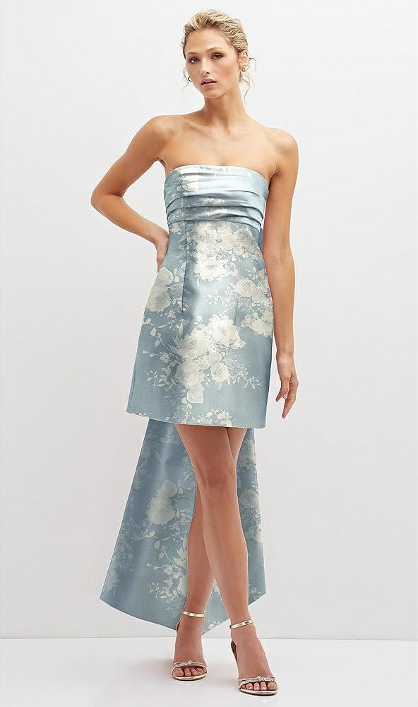 floral strapless satin column mini dress with oversized bow