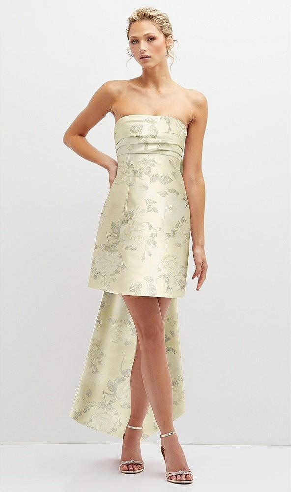 floral strapless satin column mini dress with oversized bow