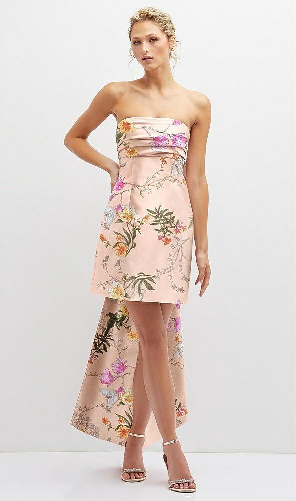 floral strapless satin column mini dress with oversized bow