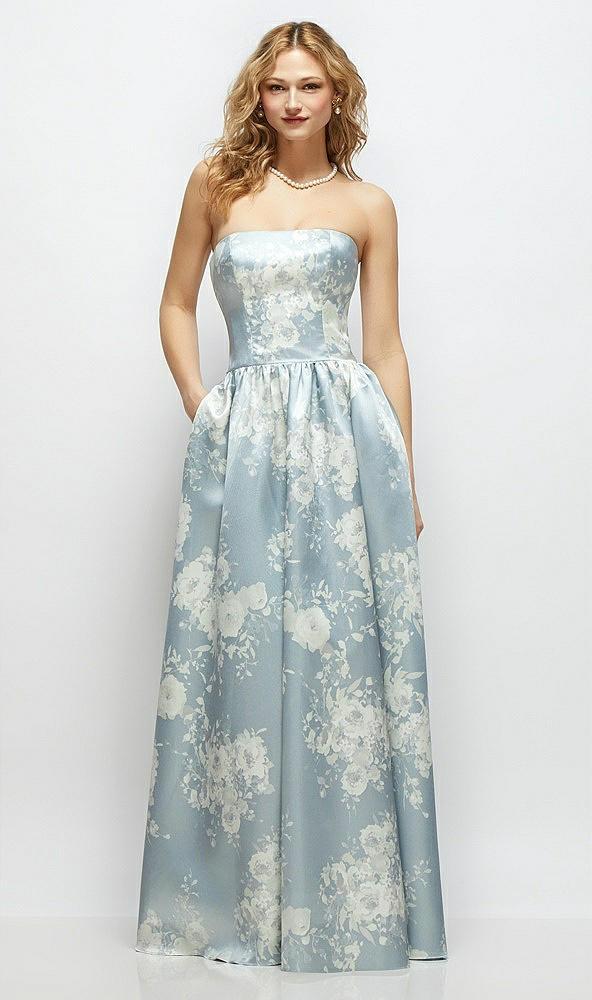 floral strapless satin drop waist gown with full skirt