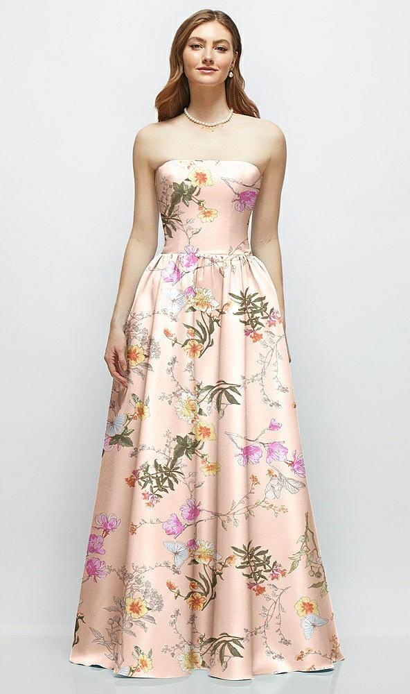 floral strapless satin drop waist gown with full skirt