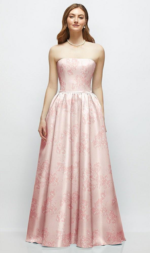 floral strapless satin drop waist gown with full skirt