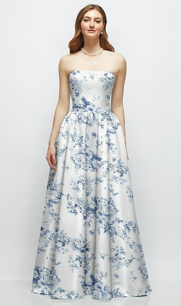 floral strapless satin drop waist gown with full skirt