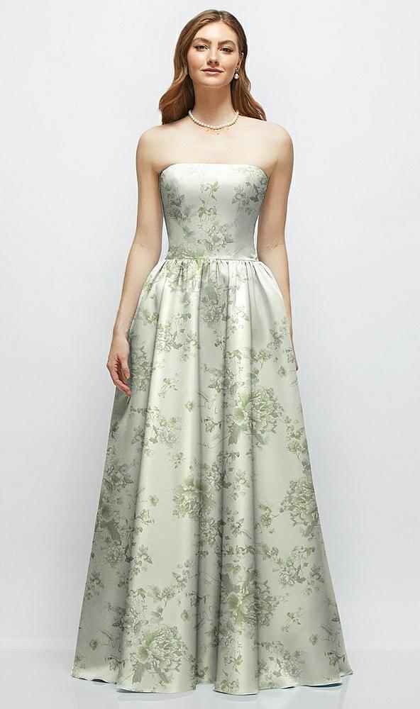 floral strapless satin drop waist gown with full skirt