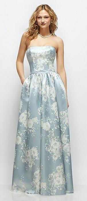 floral strapless satin drop waist gown with full skirt