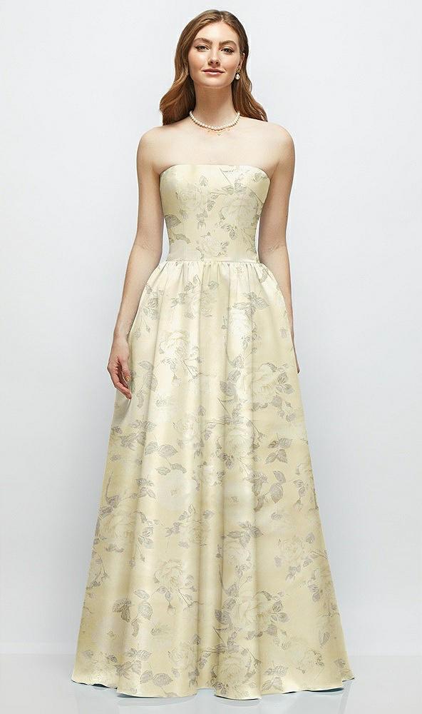 floral strapless satin drop waist gown with full skirt
