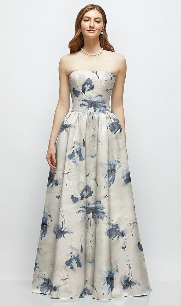 floral strapless satin drop waist gown with full skirt