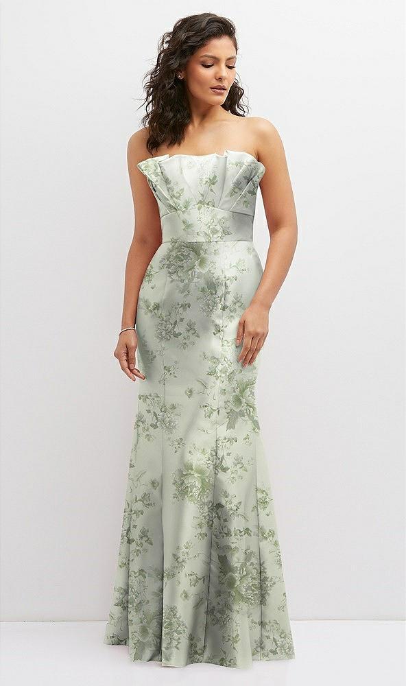 floral strapless satin fit and flare dress with crumb-catcher bodice