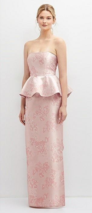 floral strapless satin maxi dress with cascade ruffle peplum detail