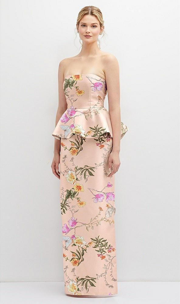 floral strapless satin maxi dress with cascade ruffle peplum detail