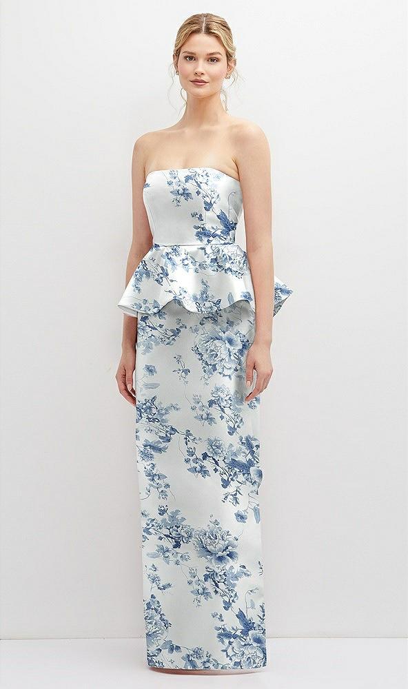 floral strapless satin maxi dress with cascade ruffle peplum detail