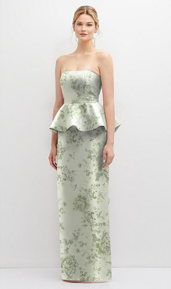 floral strapless satin maxi dress with cascade ruffle peplum detail