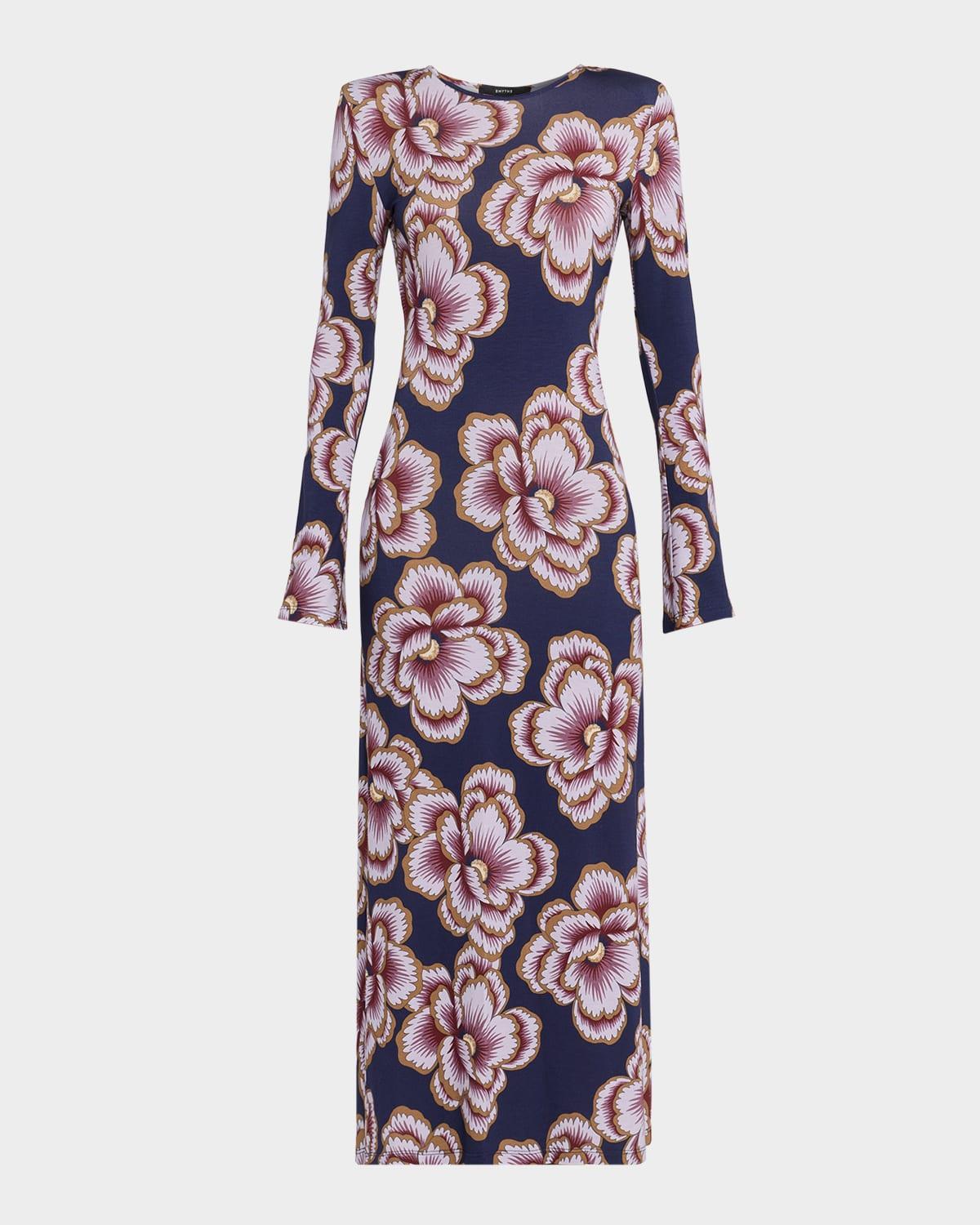 floral stretch knit crewneck midi dress