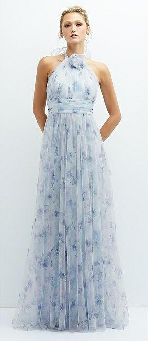 floral tie-back halter tulle dress with long full skirt & rosette detail