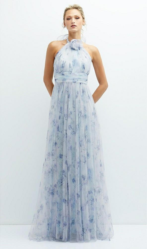 floral tie-back halter tulle dress with long full skirt & rosette detail