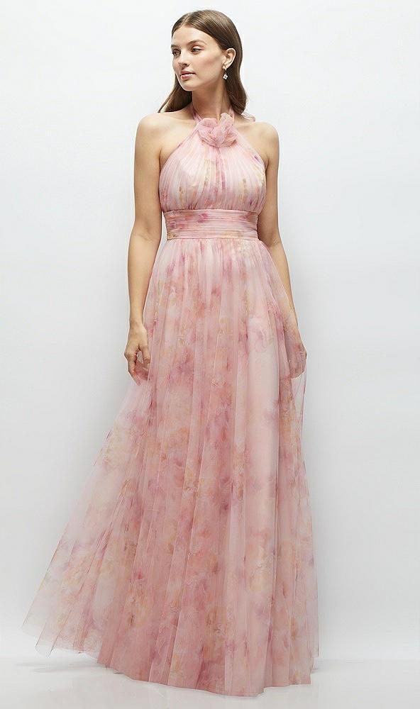 floral tie-back halter tulle dress with long full skirt & rosette detail