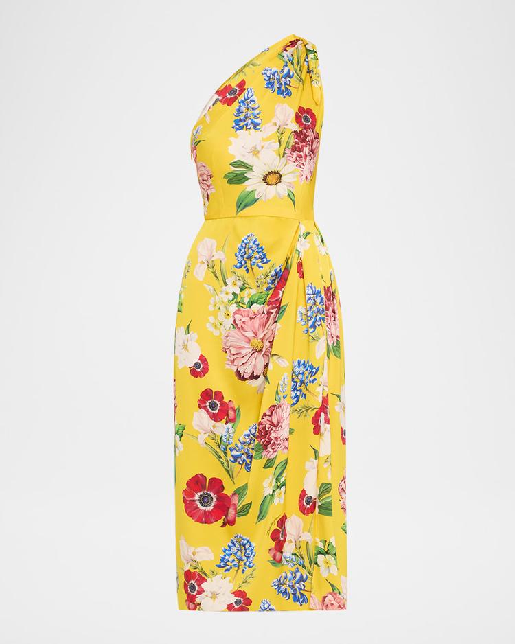 floral tie one-shoulder charmeuse midi dress