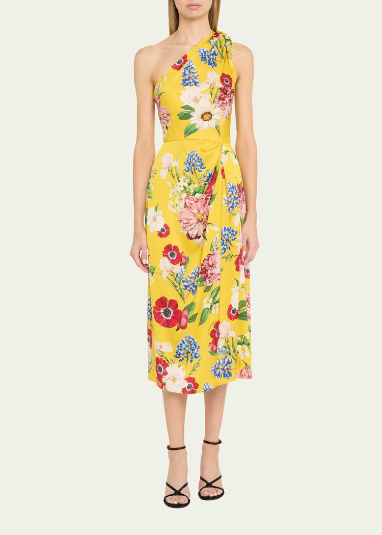 floral tie one-shoulder charmeuse midi dress