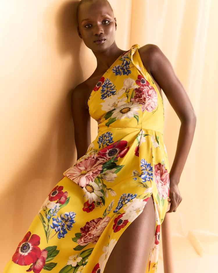 floral tie one-shoulder charmeuse midi dress