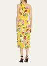 floral tie one-shoulder charmeuse midi dress