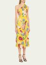 floral tie one-shoulder charmeuse midi dress