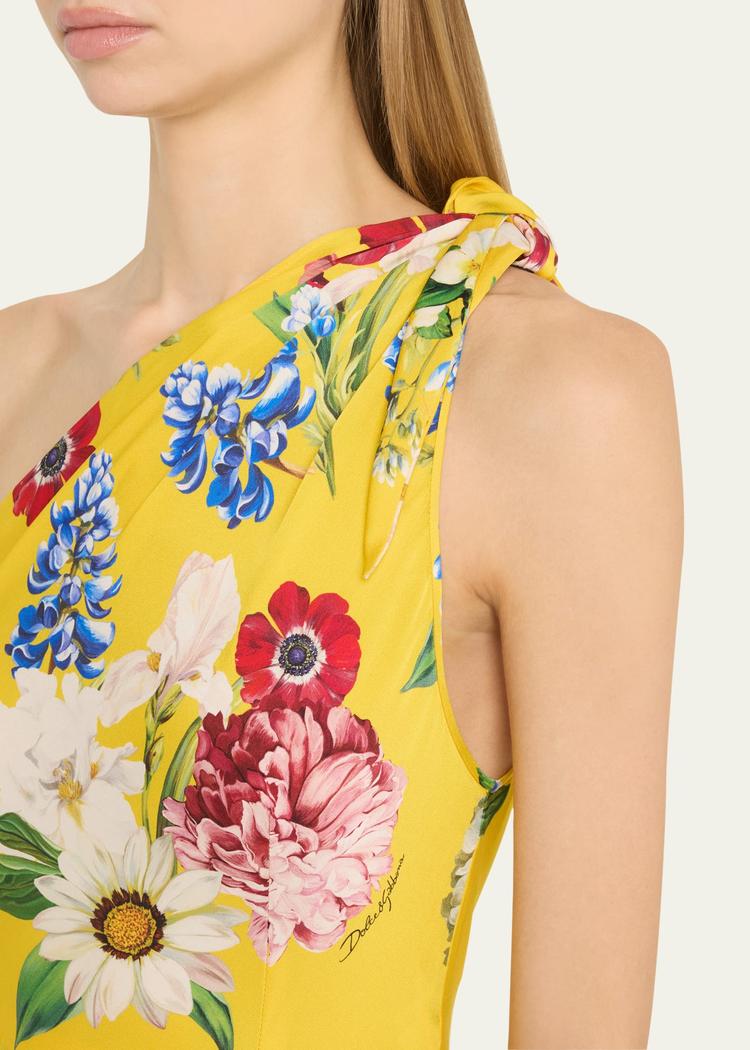 floral tie one-shoulder charmeuse midi dress